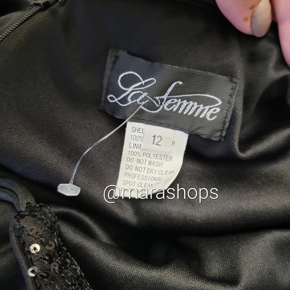 La Femme Sequin Gown with One Shoulder Top and Open Back Dress - Picture 6 of 7